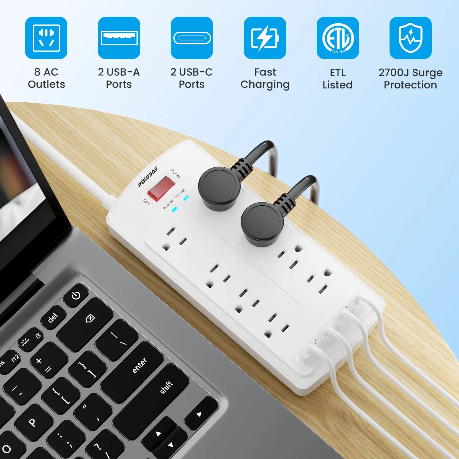 Summerwins POWSAF Surge Protector Power Strip 5Ft Flat Plug with 8 Outlets 2 USB-C 20W Fast Charging 2 USB-A Ports 2700 Joules Chargeable White Summerwins