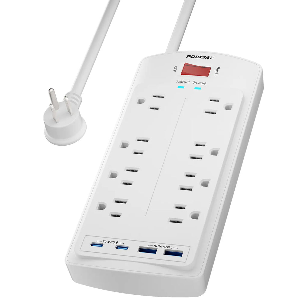 Summerwins POWSAF Surge Protector Power Strip 5Ft Flat Plug with 8 Outlets 2 USB-C 20W Fast Charging 2 USB-A Ports 2700 Joules Chargeable White Summerwins