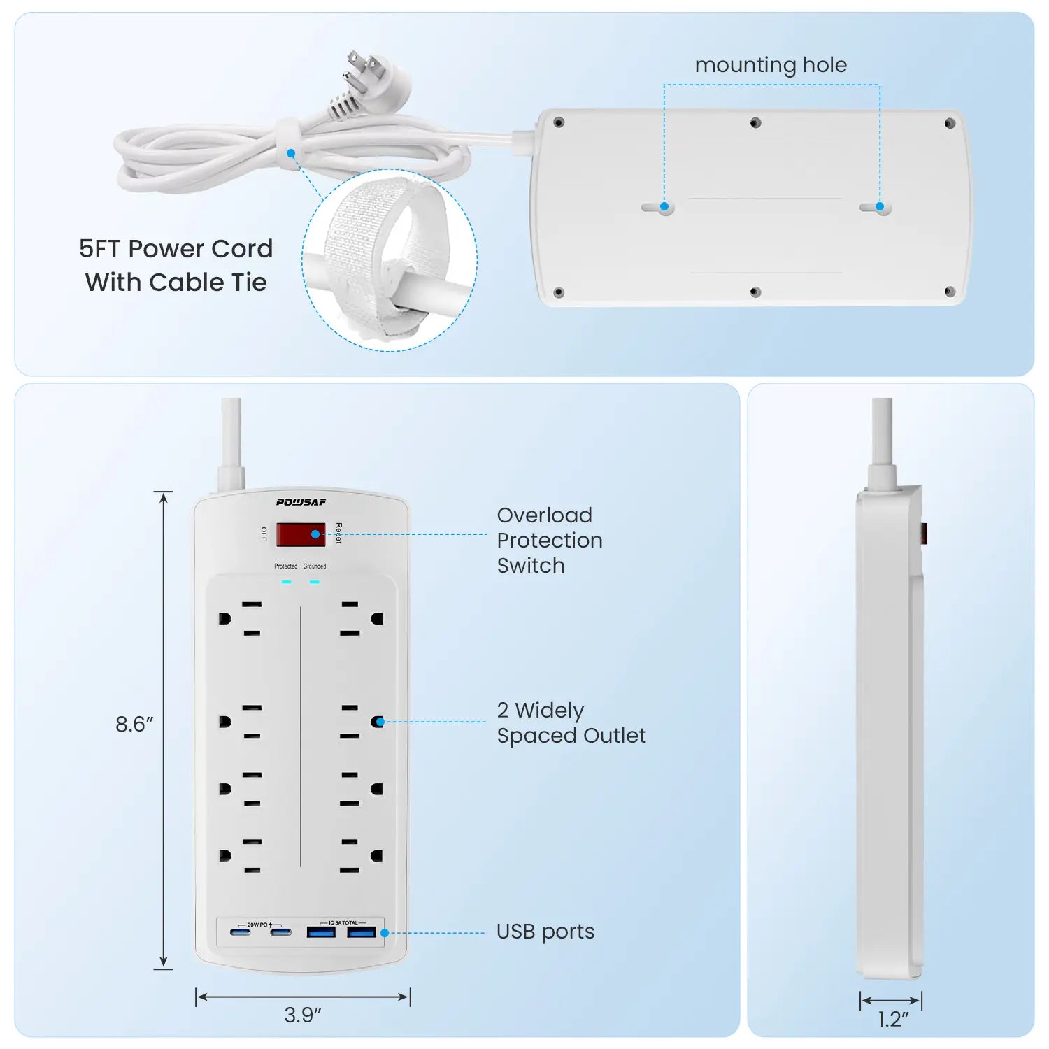 Summerwins POWSAF Surge Protector Power Strip 5Ft Flat Plug with 8 Outlets 2 USB-C 20W Fast Charging 2 USB-A Ports 2700 Joules Chargeable White Summerwins