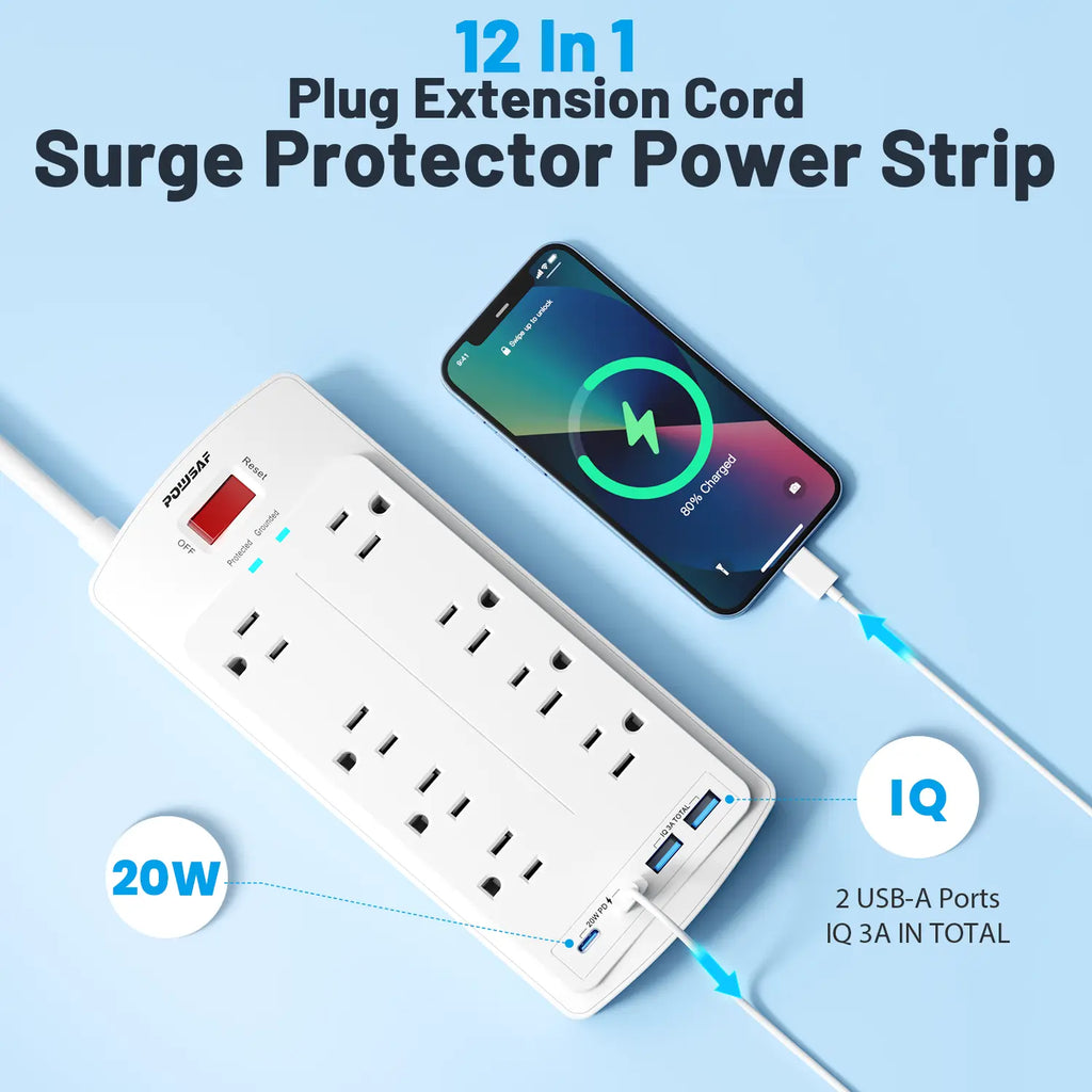 Summerwins POWSAF Surge Protector Power Strip 5Ft Flat Plug with 8 Outlets 2 USB-C 20W Fast Charging 2 USB-A Ports 2700 Joules Chargeable White Summerwins